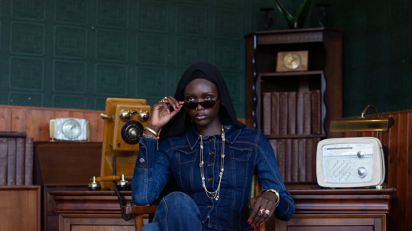 Denim editorial for AYAMSI, photographed in a period office set